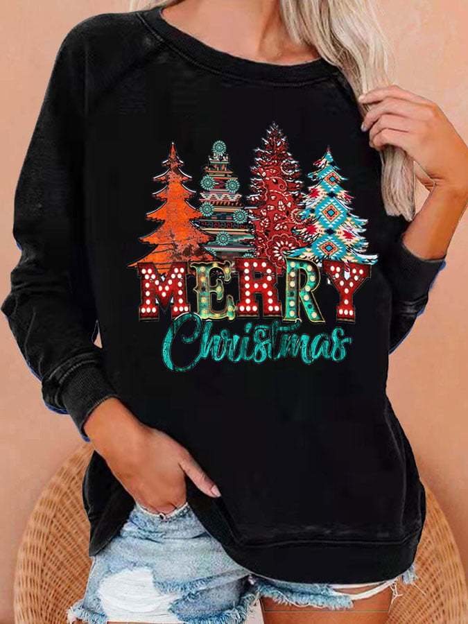 Women's Western Merry Christmas Trees Print Casual Crewneck Sweatshirt