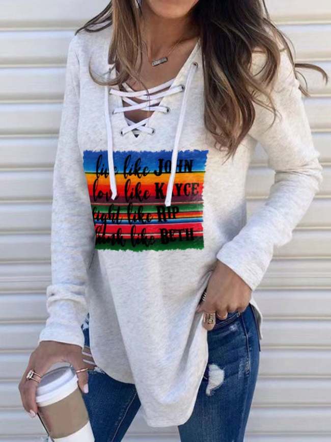 Retro Western Ethnic Print Lace-Up V-Neck Long Sleeve T-Shirt