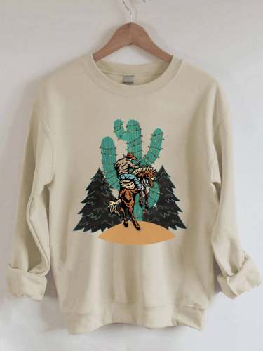 Women's Christmas Cowboy Bronco Cactus Christmas Lights Print Sweatshirt