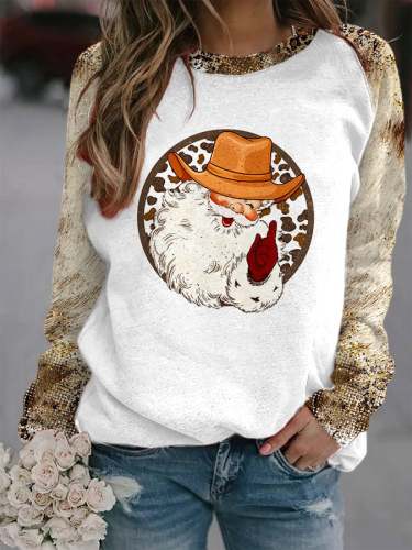 Women's Cowboy Santa Print Casual Crew Neck Sweatshirt