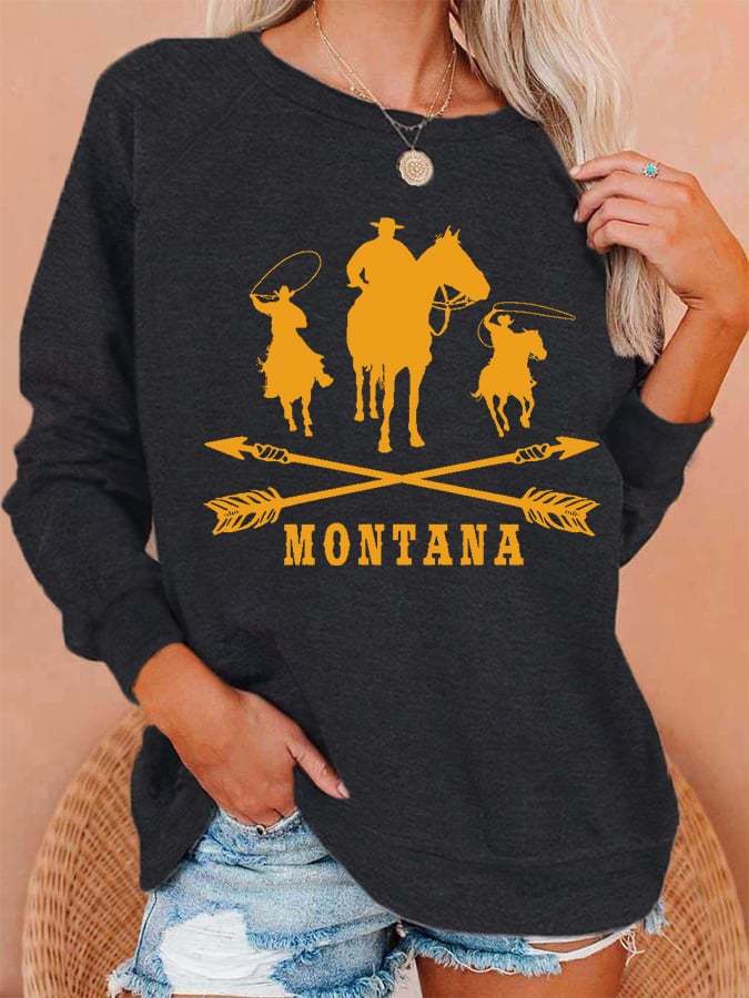 Women's Western Montana Print Casual Crewneck Sweatshirt