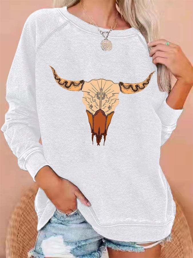 Women's Western Desert Bull Skull Print Casual Sweatshirt