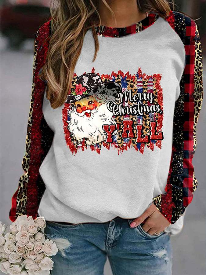 Women's Merry Christmas Y'all - Santa Claus Cowboy Hat Western Christmas Print Sweatshirt