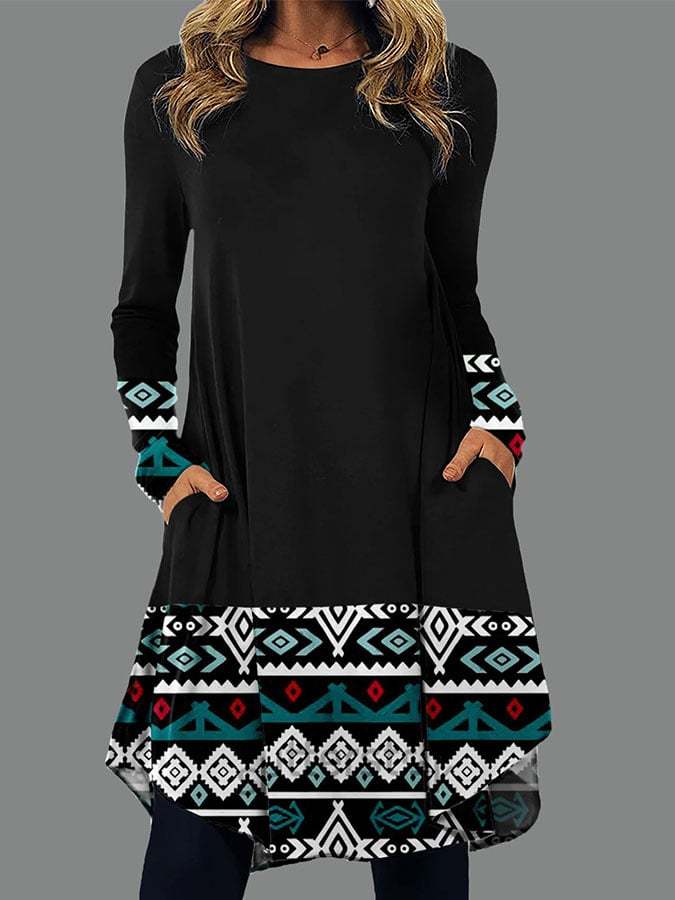 Vintage Print Crew Neck Long Sleeve Dress