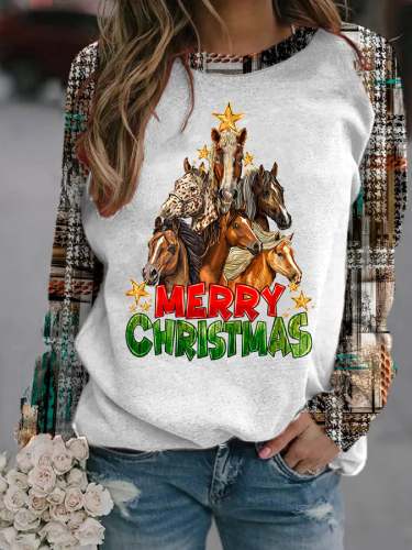 Women's Western Merry Christmas Tree Horses Print Casual Sweatshirt