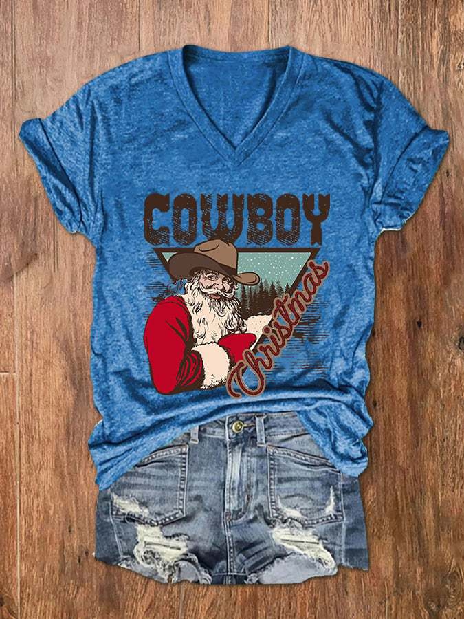 Women's Cowboy Christmas Santa Print V-Neck T-Shirt