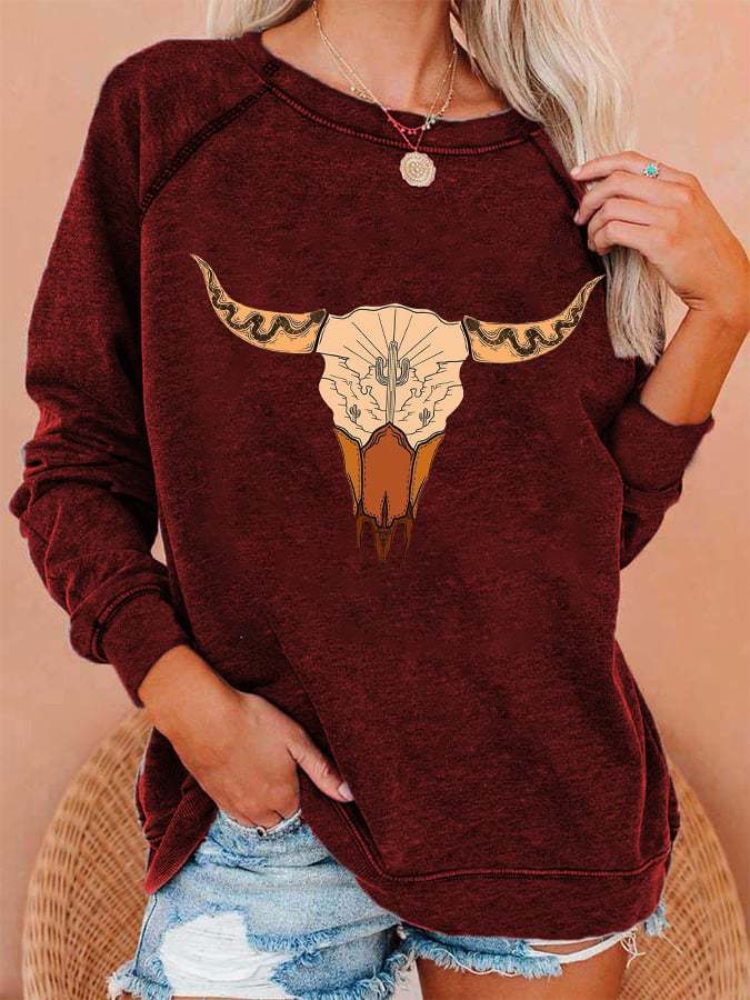 Women's Western Desert Bull Skull Print Casual Sweatshirt