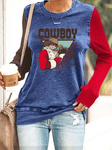 Women's Funny Christmas Cowboy Santa Print Casual Crew Neck Sweatshirt