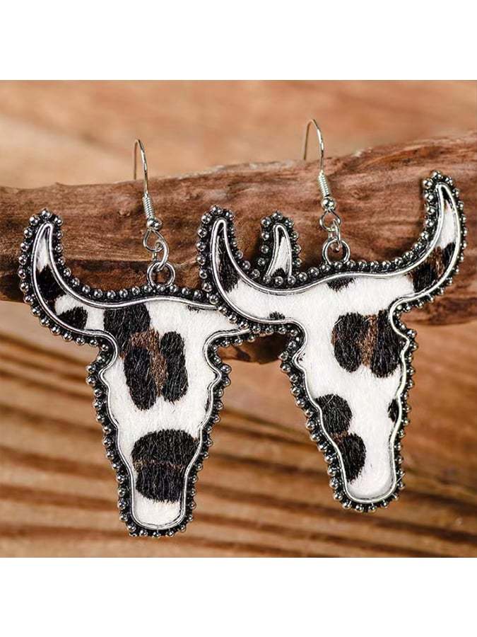 Women's Vintage Western Plush Bullhead and Leopard Patch Leather Alloy Earrings