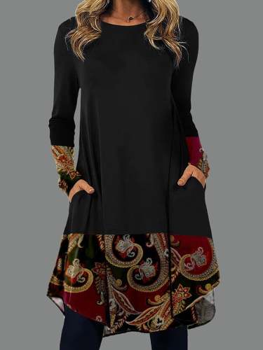 Vintage Print Crew Neck Long Sleeve Dress