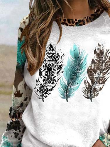 Cowhide And Turquoise Feather Long Sleeve Swearshirt