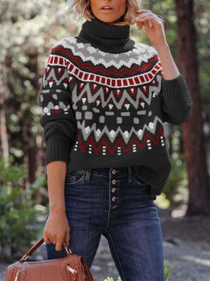 Vintage Geometric Print Striped Turtleneck Sweater