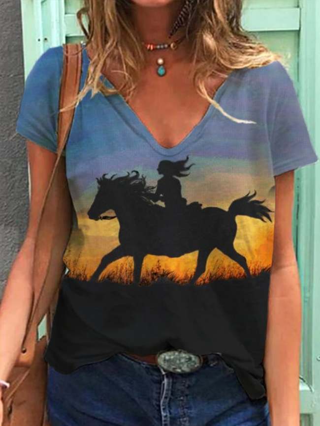 Women's Girl And Horse Silhouette Print Casual V-Neck Tee