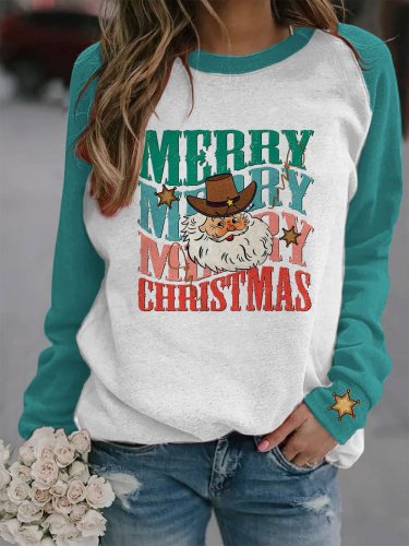Women's Christmas Cowboy Santa Print Casual Crew Neck Sweatshirt