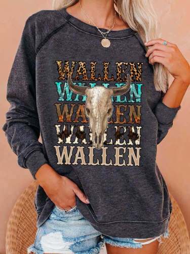 Women's Western Wallen Print Casual Crewneck Sweatshirt