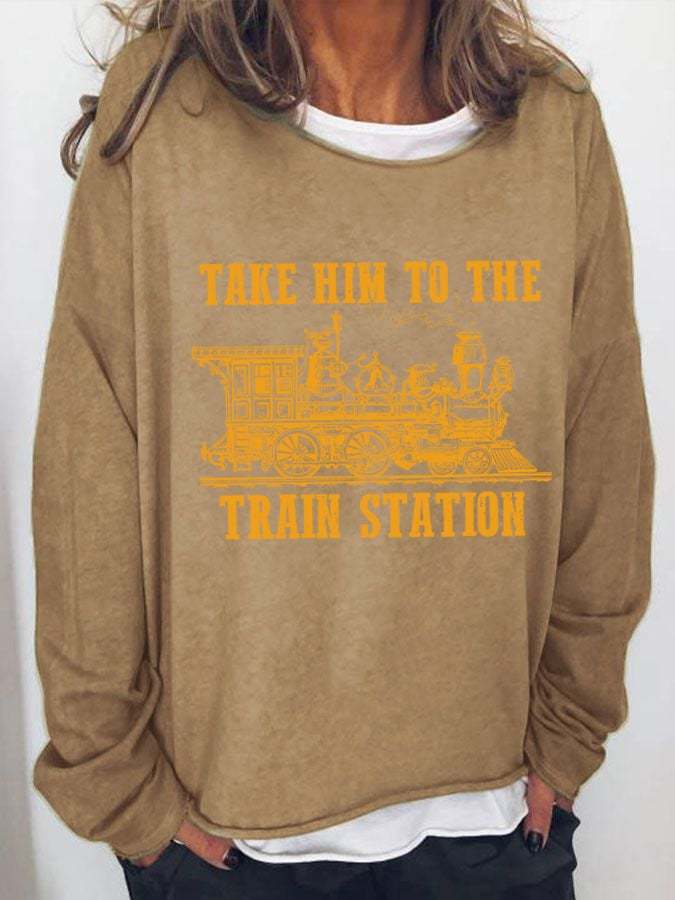 Women's Take Him To The Train Station Cawboy Silhouette Casual Long-Sleeve T-Shirt