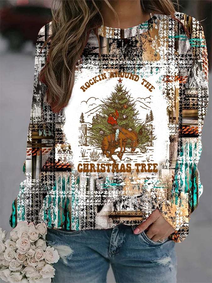 Women's Western and Christmas Combine  ROCKIN AROUND THE CHRISTMAS TREE  Print Sweatshirt