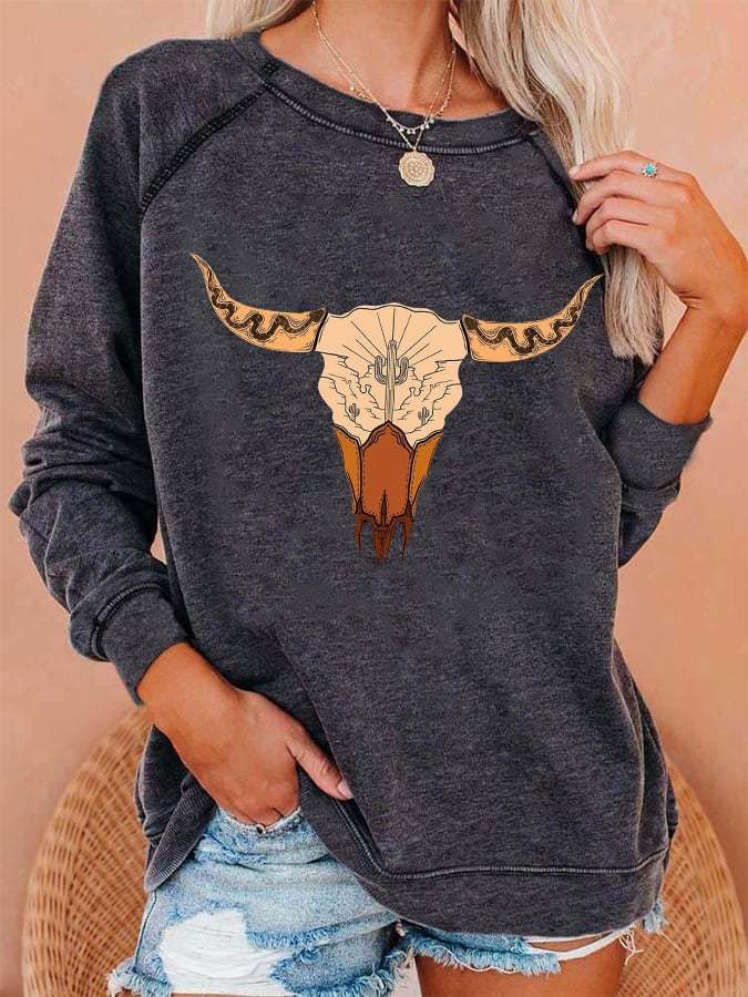 Women's Western Desert Bull Skull Print Casual Sweatshirt