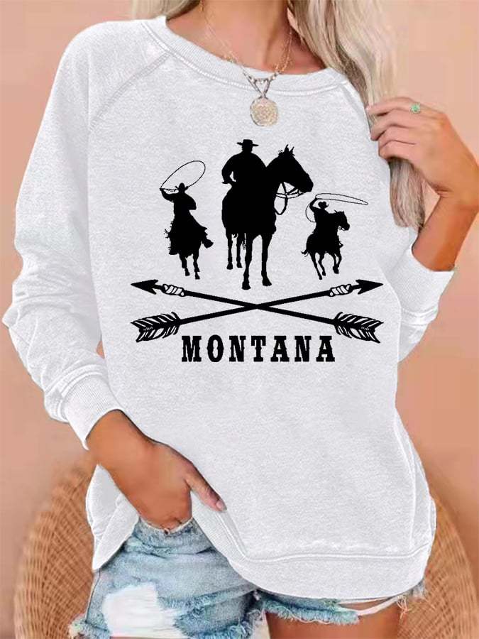 Women's Western Montana Print Casual Crewneck Sweatshirt