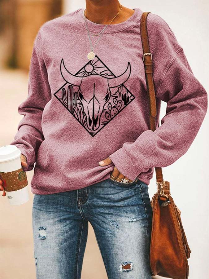 Women's Western Cow Skull Desert Casual Sweatshirt