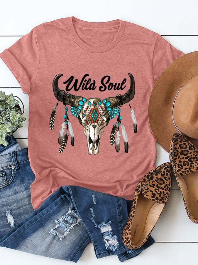 Women's Wild Soul Boho Bull Skull Casual Cotton Tee