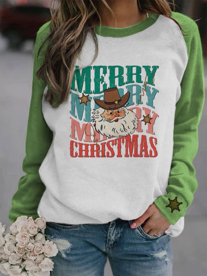 Women's Christmas Cowboy Santa Print Casual Crew Neck Sweatshirt