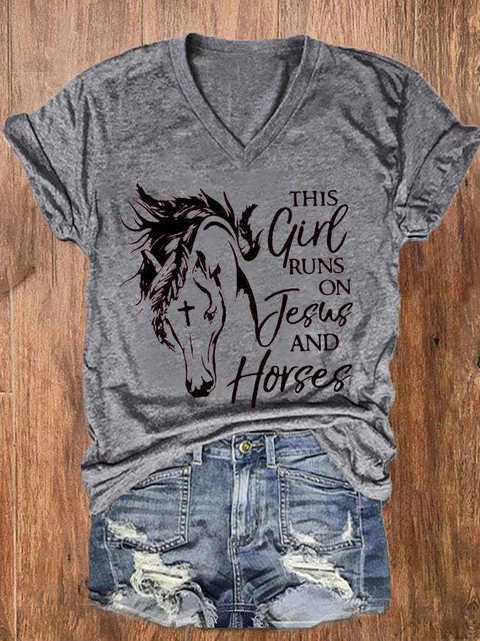 Women's This Girl Runs On Jesus And Horses Printed Casual V-Neck Tee