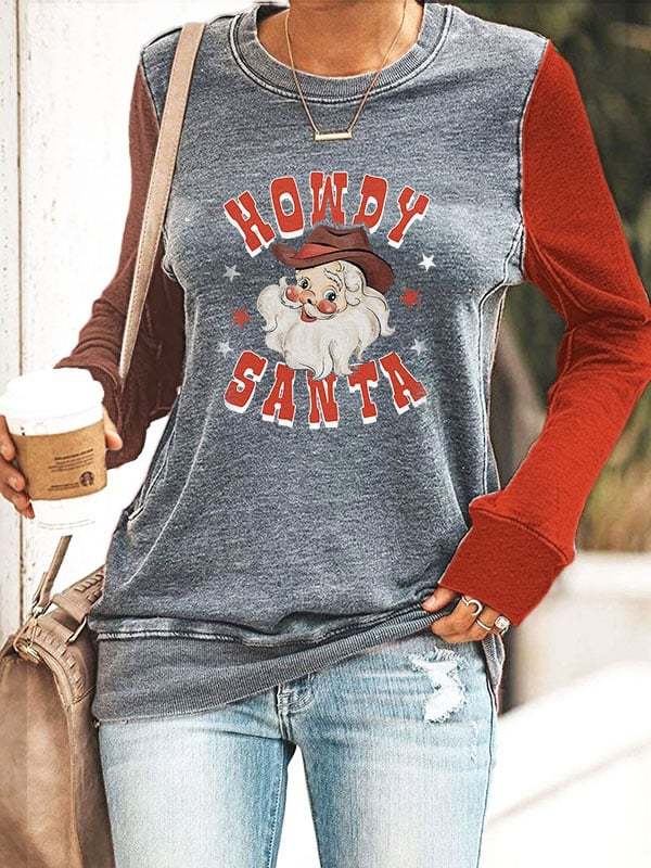 Women's Funny Christmas Cowboy Santa Print Casual Crew Neck Sweatshirt