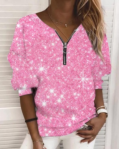 Pink Print Loose V-Neck Zip-Up Top