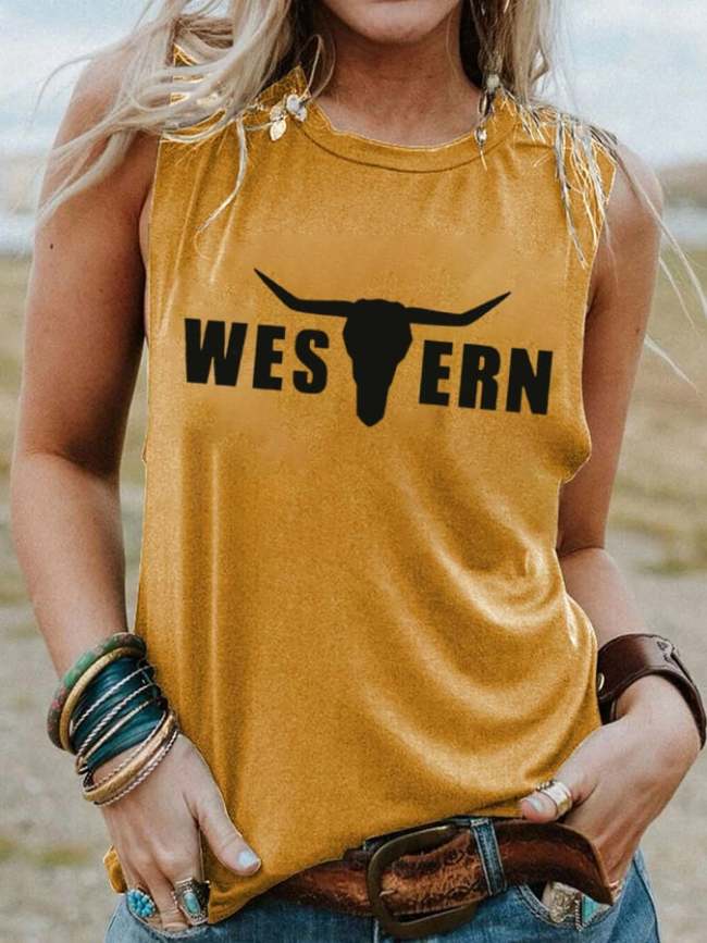 Women's Western Bull Skull Print Casual Tank Top