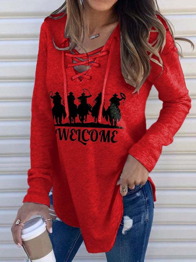 Retro Western Ethnic Print Lace-Up V-Neck Long Sleeve T-Shirt