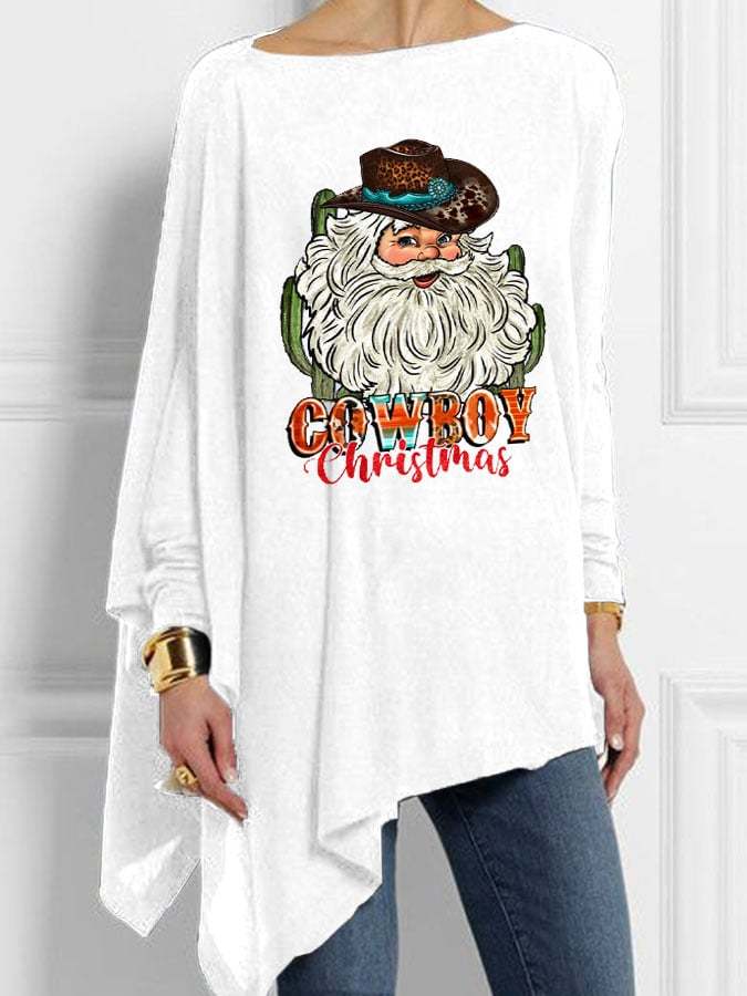 Women's Cowboy Christmas Santa Print Irregular Top
