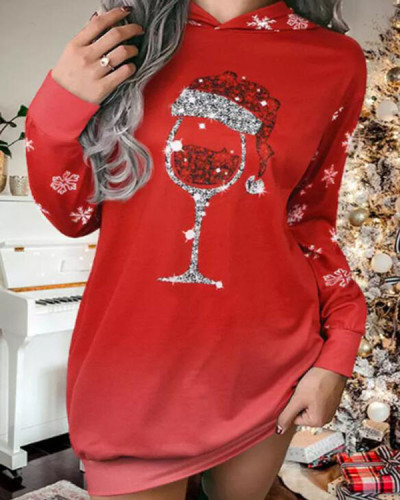 Christmas Wine Glass Snowflake Gradient Long Sleeve Over Knee Casual Sweatshirt / Tunic Dress
