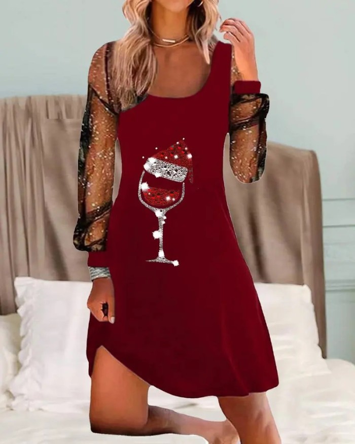 Wine Glass Print Long Sleeve Dress
