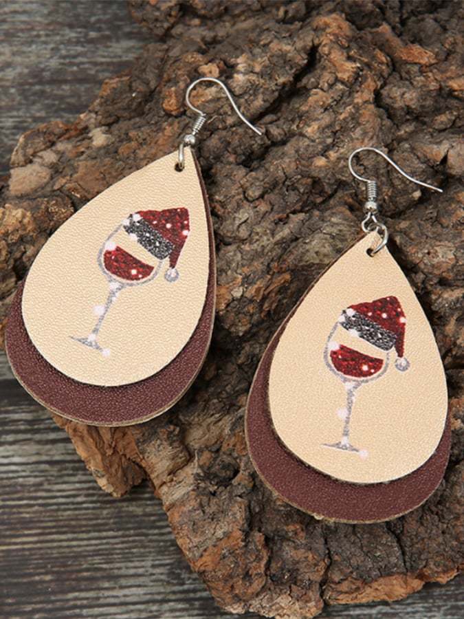 Women's Christmas Wine Glass Leather Earrings