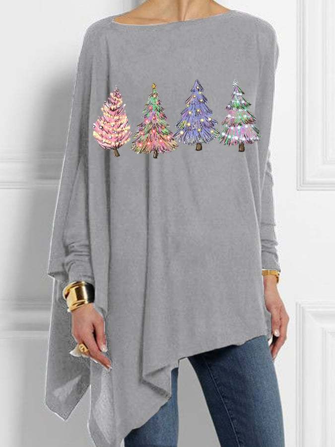 Women's Colorful Christmas Tree Print Irregular Top