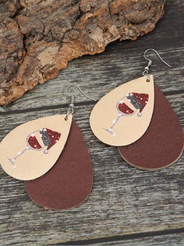 Women's Christmas Wine Glass Leather Earrings
