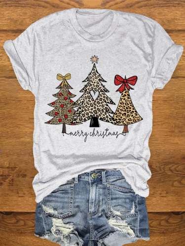 Women's Christmas Leopard Christmas Tree Print Crew Neck T-Shirt