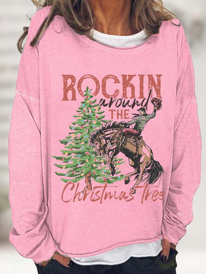 Women's Rockin Around The Christmas Tree Printed Casual Sweatshirt