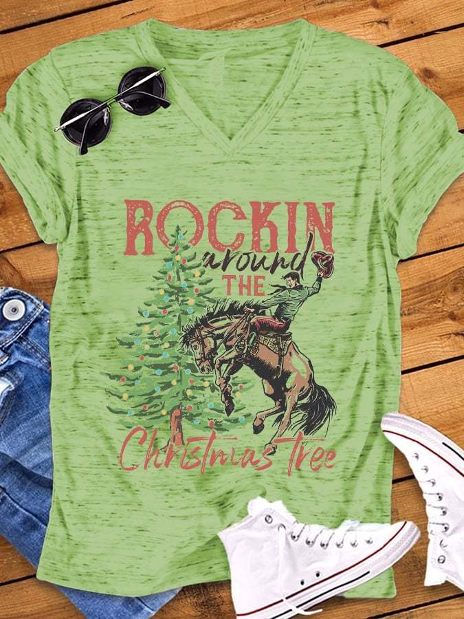 Women's Rockin Around The Christmas Tree Print V-Neck T-Shirt