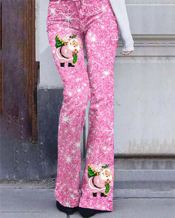 Women's Pink Santa Print Casual Pants