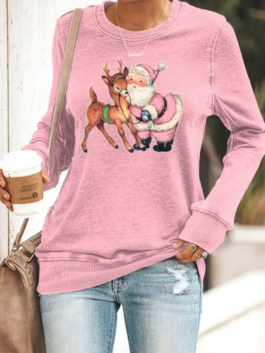 Women's Pink Santa Print Long Sleeve Sweatshirt