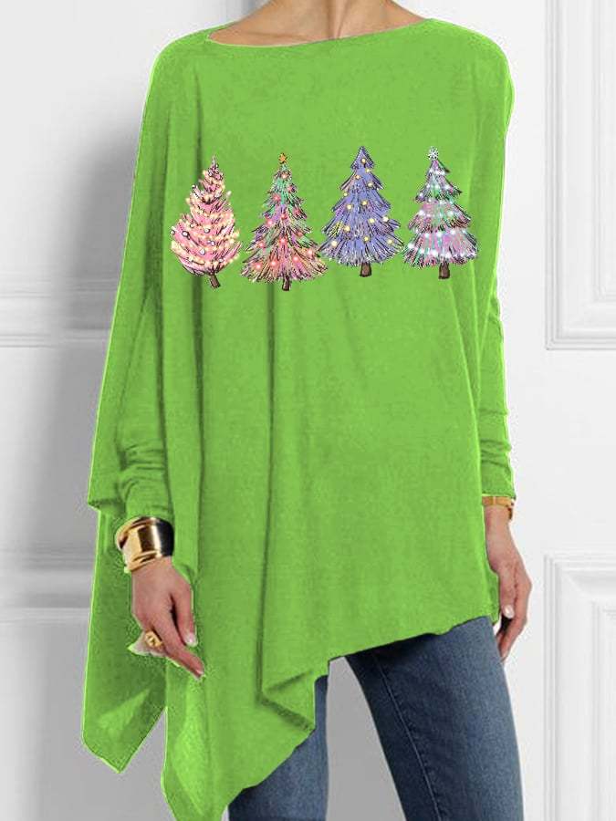 Women's Colorful Christmas Tree Print Irregular Top