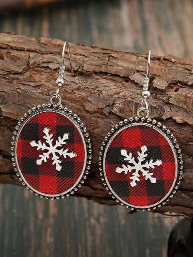 Women's Christmas Red Black Checkered Snowflake Leather Earrings