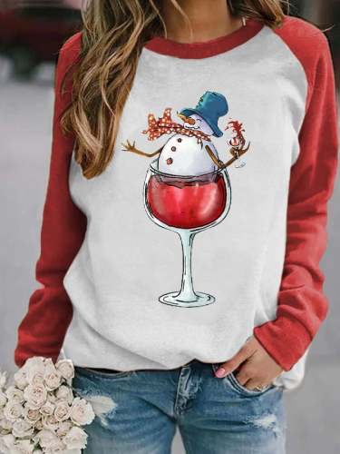 Women's Snowman Wine Glass Print Christmas Sweatshirt