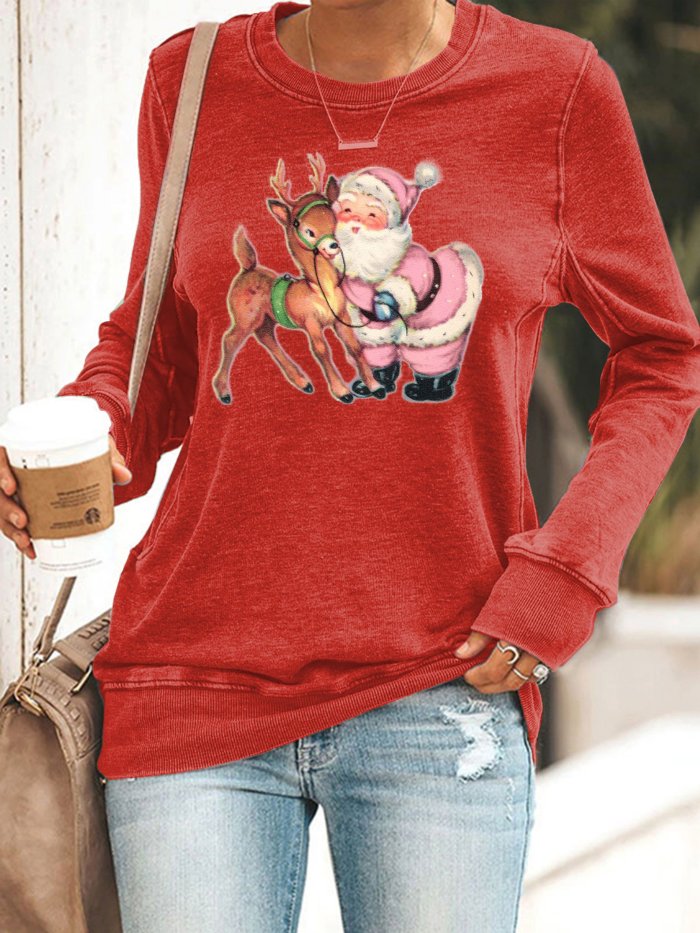 Women's Pink Santa Print Long Sleeve Sweatshirt