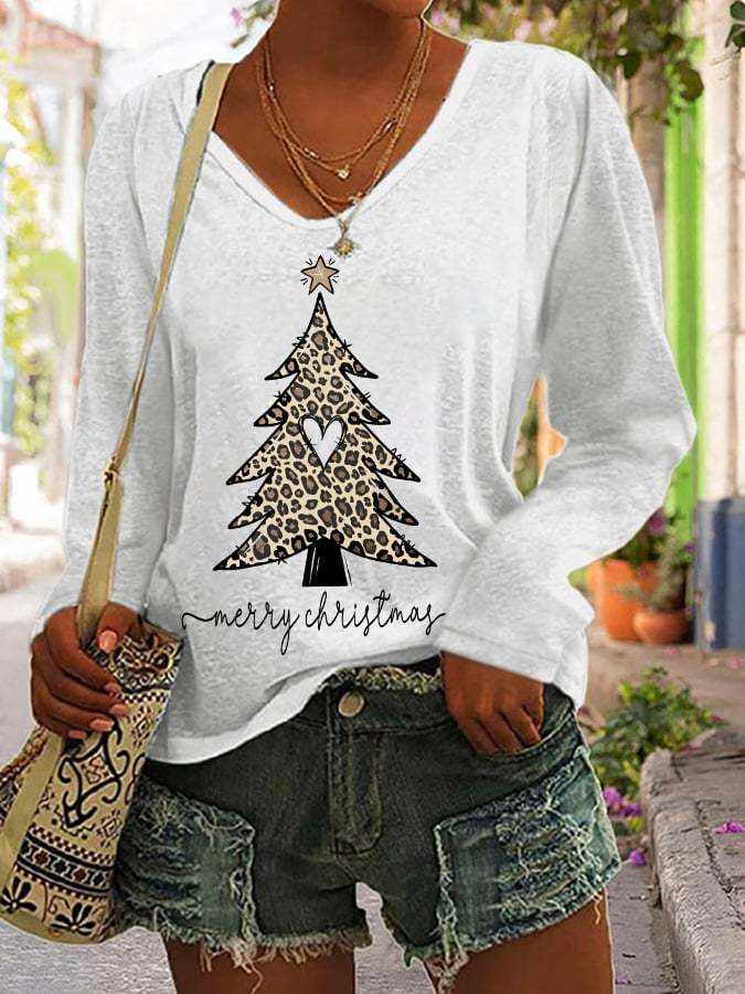Women's Christmas Leopard Christmas Tree Print V-Neck Long Sleeve T-Shirt