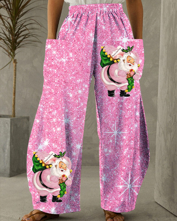 Women's Pink Christmas Santa Print Loose Pants