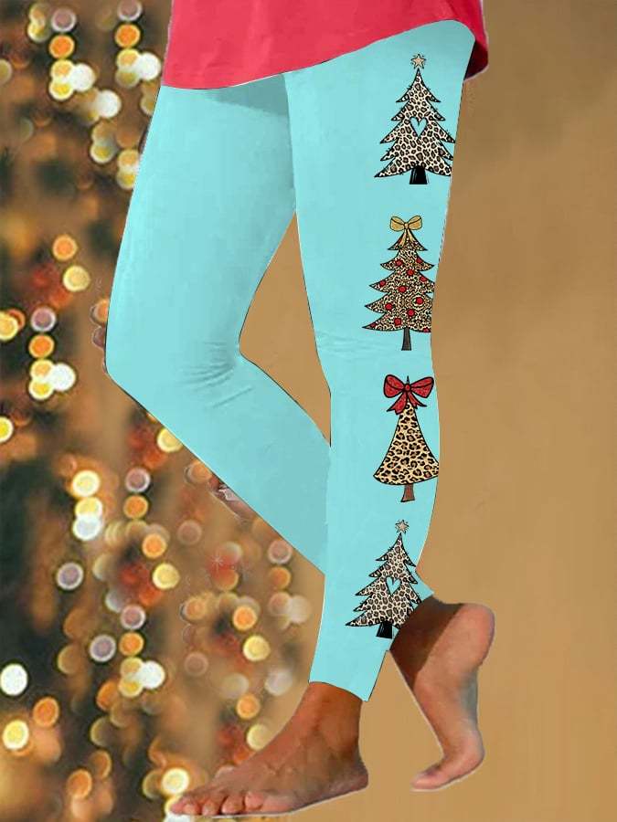 Women's Leopard Christmas Tree Print Stretch Leggings
