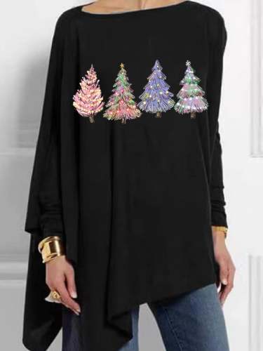 Women's Colorful Christmas Tree Print Irregular Top